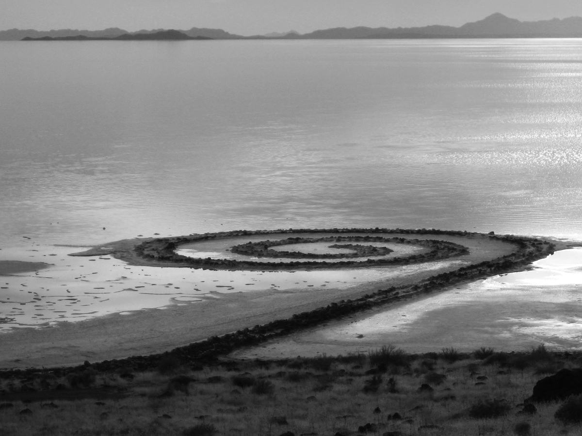 Robert Smithson's Spiral Jetty earthwork coiling into the Great Salt Lake
