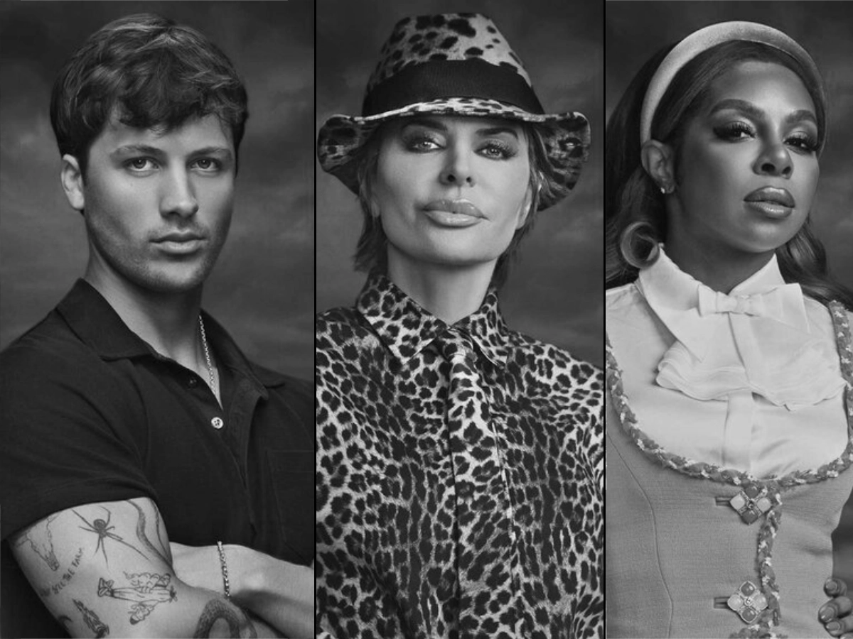 Three black-and-white portrait photographs of cast members from a reality competition show